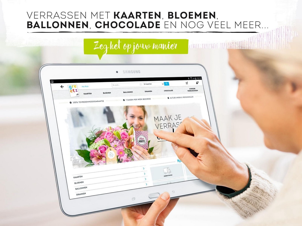 Greetz app on a tablet: cards, flowers, balloons and gifts
