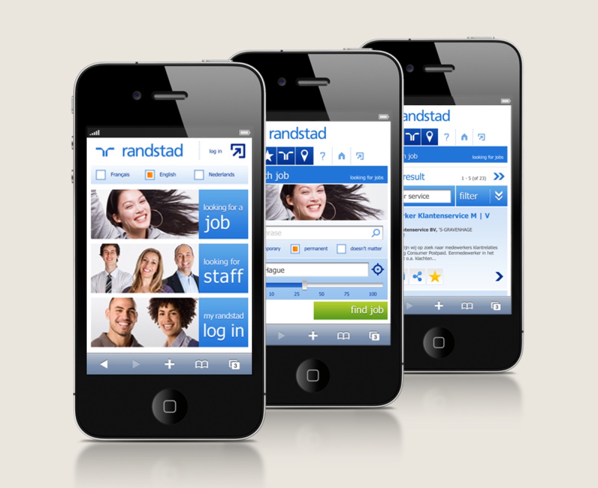 Randstad mobile job site on three phones