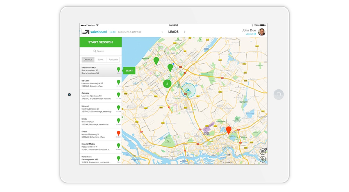 Salesboard tablet app showing sales leads on a map