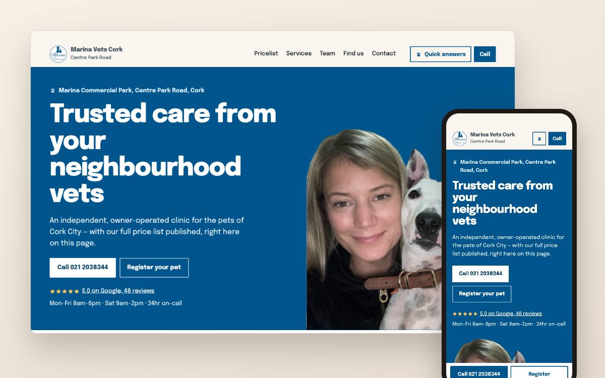 Website concept for a veterinary clinic in Cork: desktop and phone view