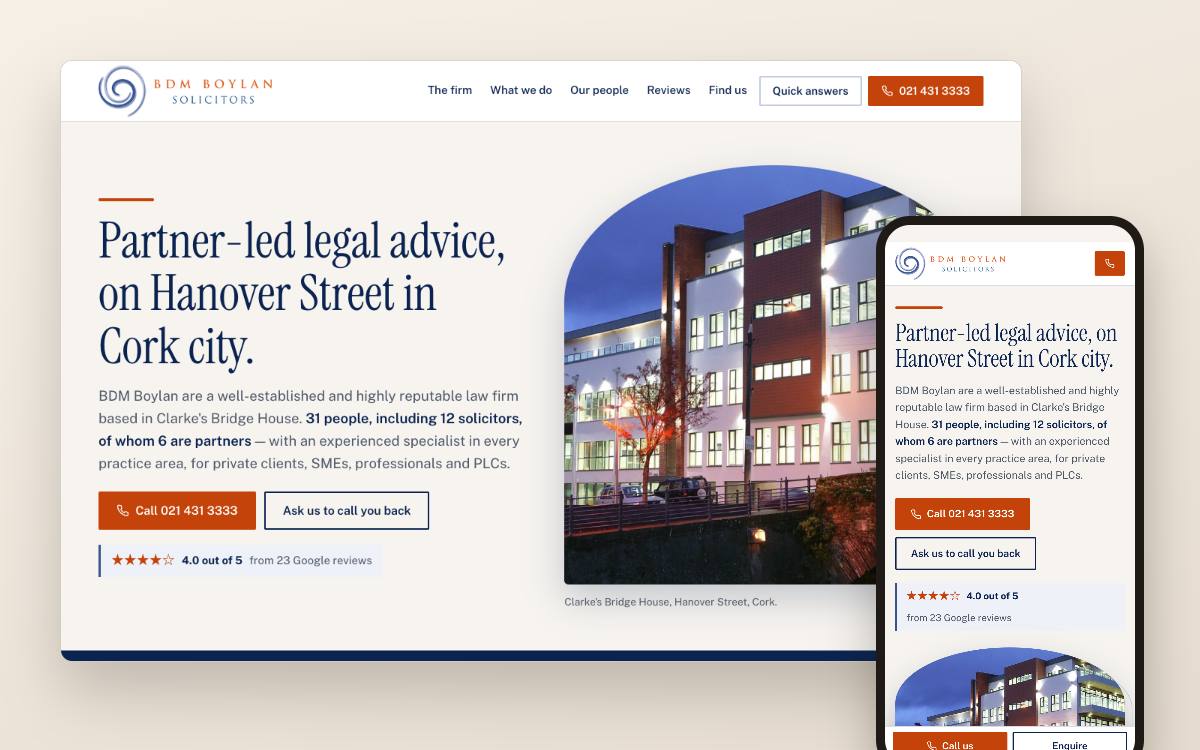 Website concept for a solicitors in Cork: desktop and phone view