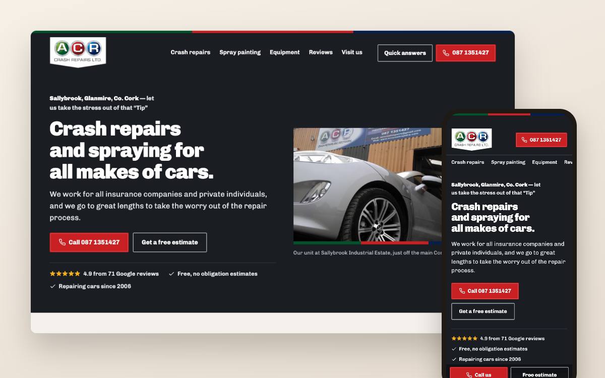Website concept for a garage in Cork: desktop and phone view