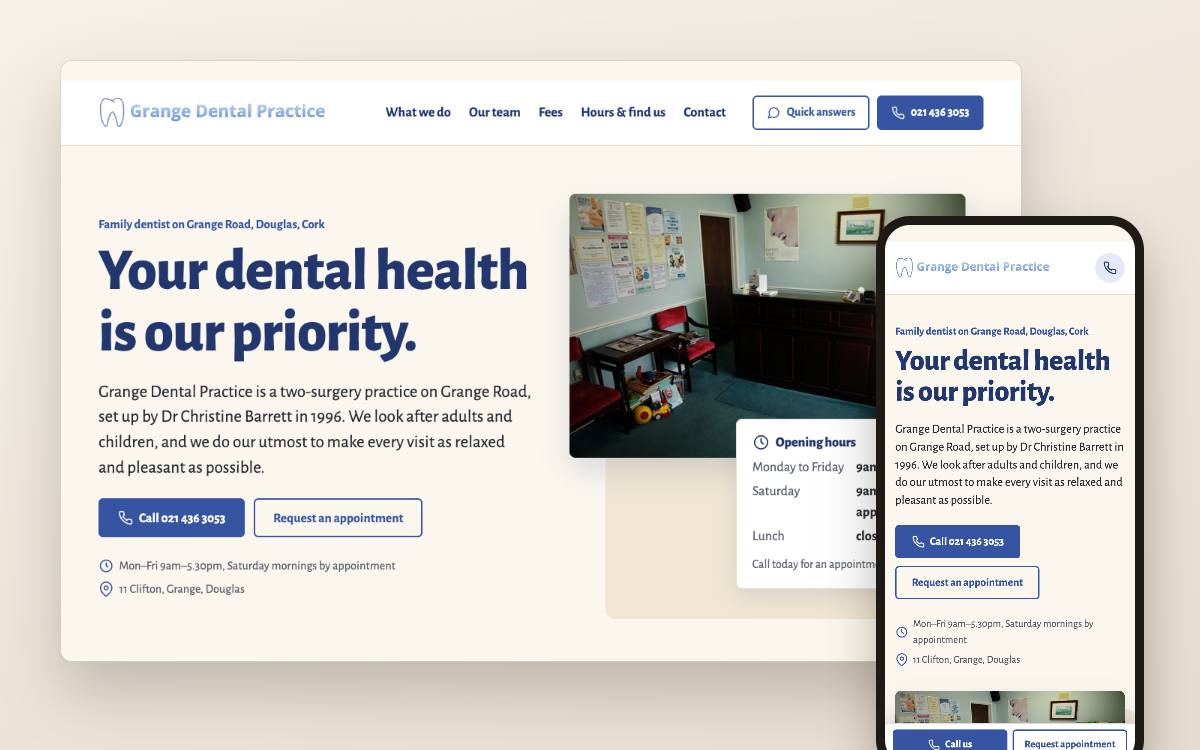 Website concept for a dental practice in Cork: desktop and phone view