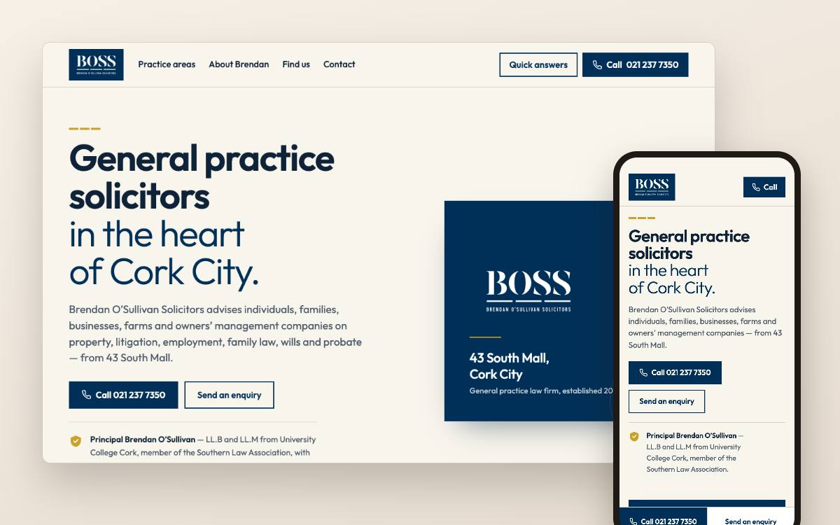Website concept for a solicitors in Cork: desktop and phone view