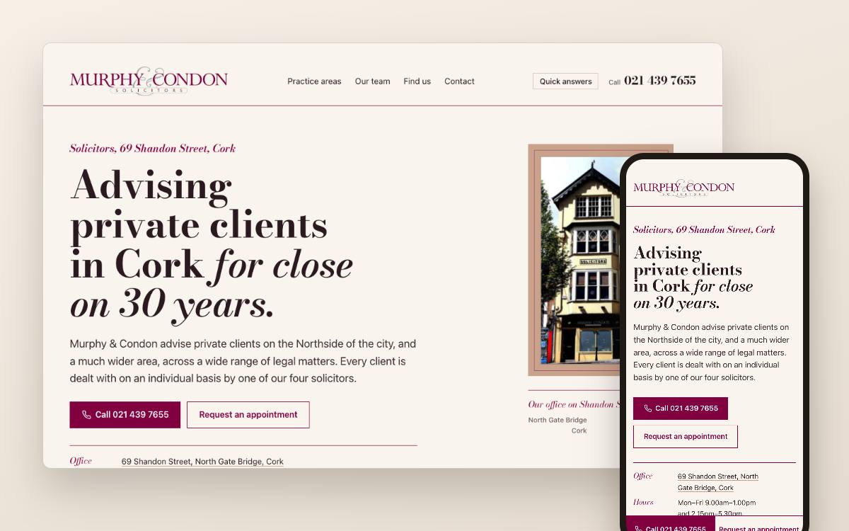 Website concept for a solicitors in Cork: desktop and phone view