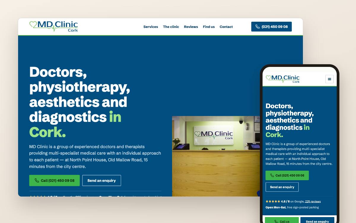 Website concept for a dental practice in Cork: desktop and phone view