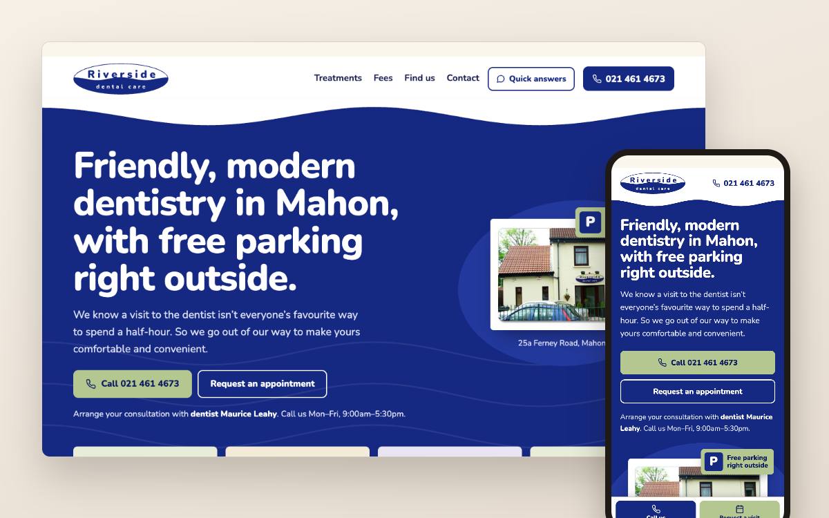 Website concept for a dental practice in Cork: desktop and phone view