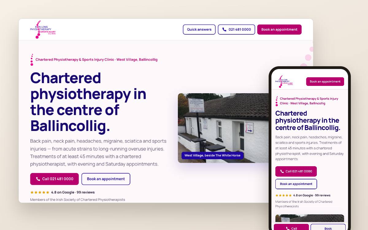 Website concept for a physiotherapy clinic in Cork: desktop and phone view