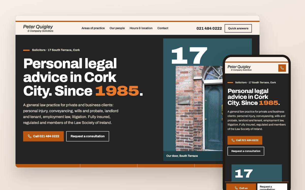 Website concept for a solicitors in Cork: desktop and phone view