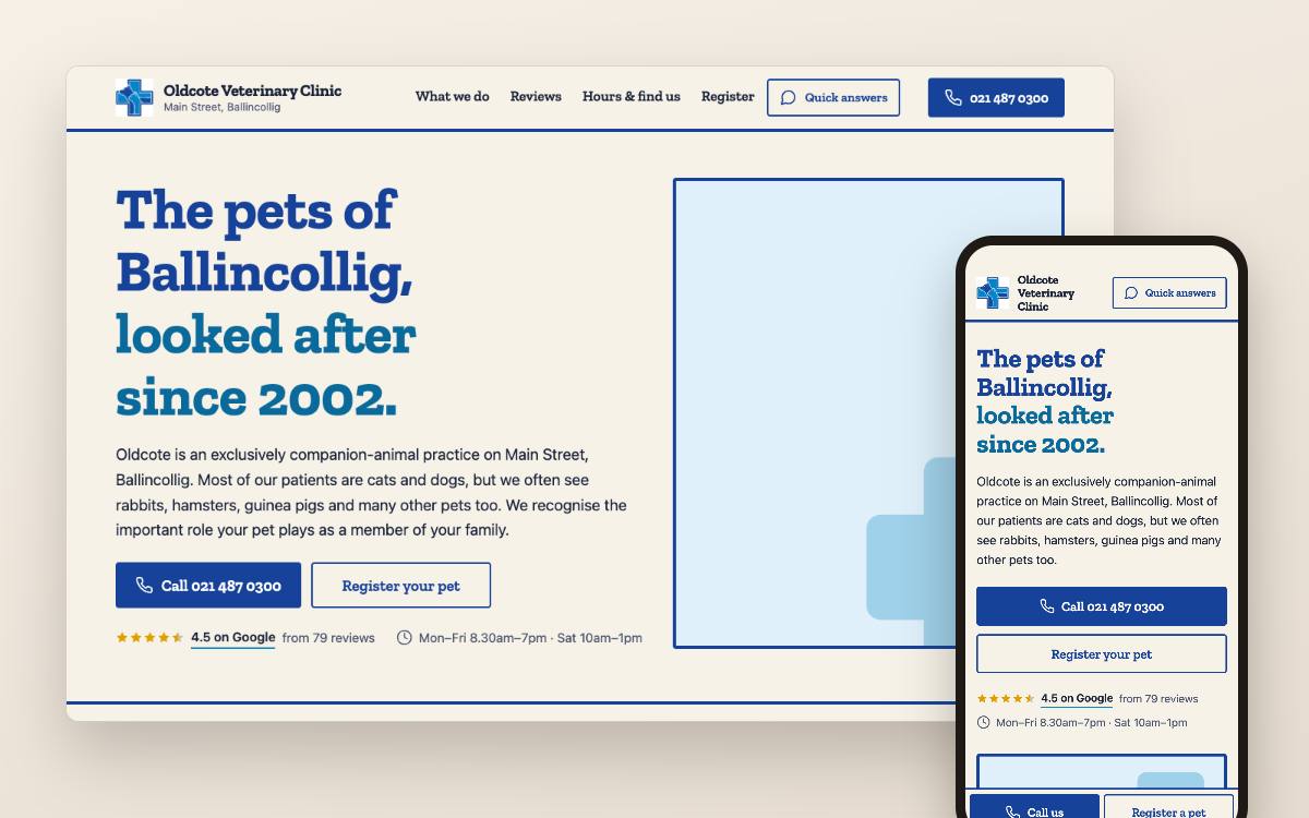 Website concept for a veterinary clinic in Cork: desktop and phone view