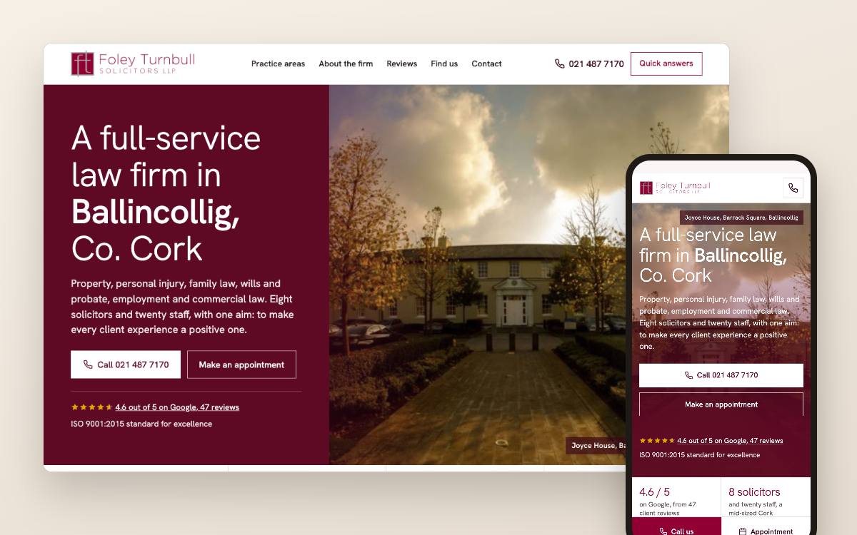Website concept for a solicitors in Cork: desktop and phone view