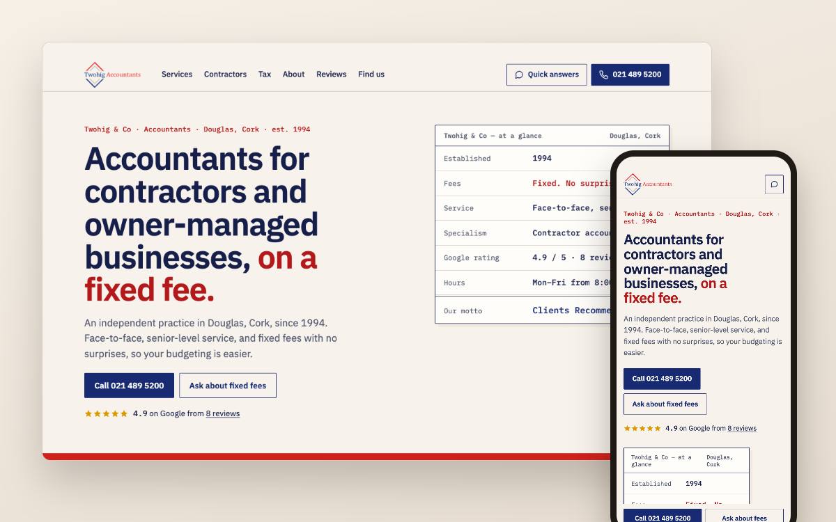 Website concept for a accountancy firm in Cork: desktop and phone view
