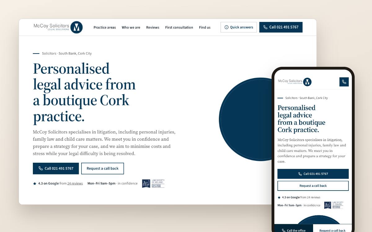 Website concept for a solicitors in Cork: desktop and phone view